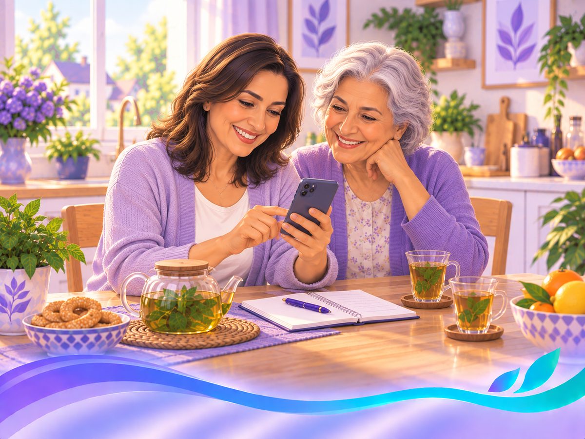 A daughter and her mother smiling over a phone at the kitchen table the day after a community event