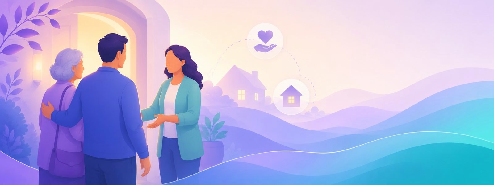 An older parent and their adult child welcomed into a warm, trusted care community