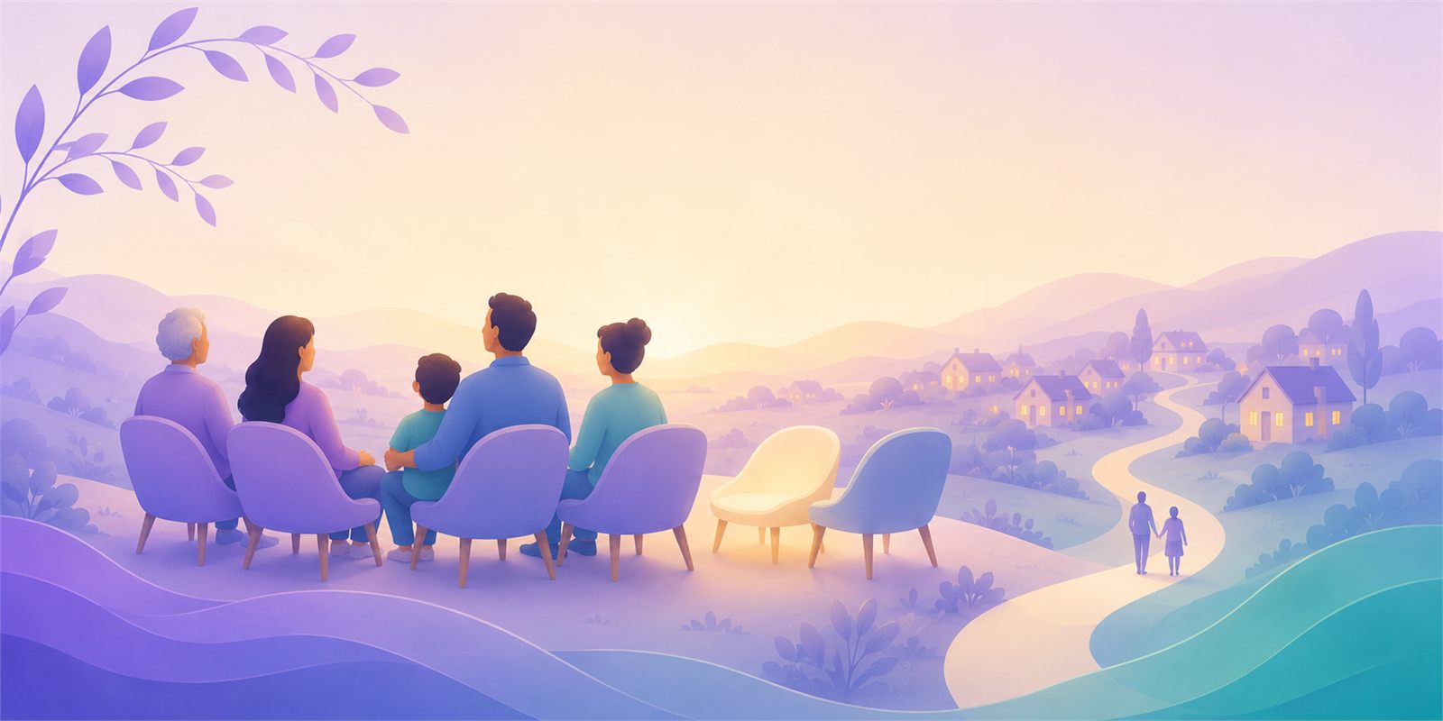 A semicircle of chairs facing the sunrise, with an empty seat kept open