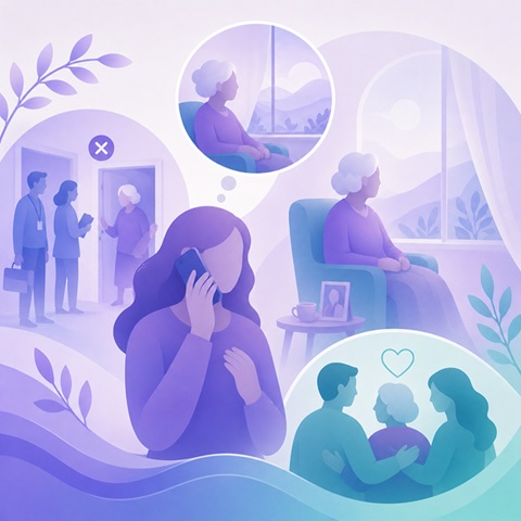 A daughter calling her mother from afar, while a trusted helper visits