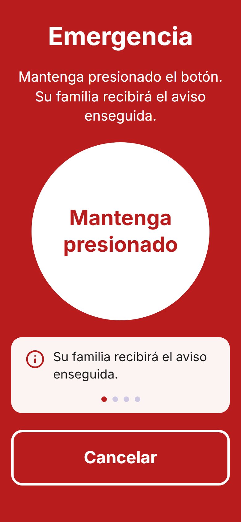 La pantalla de Emergencia de la aplicación, con un botón grande que se mantiene pulsado