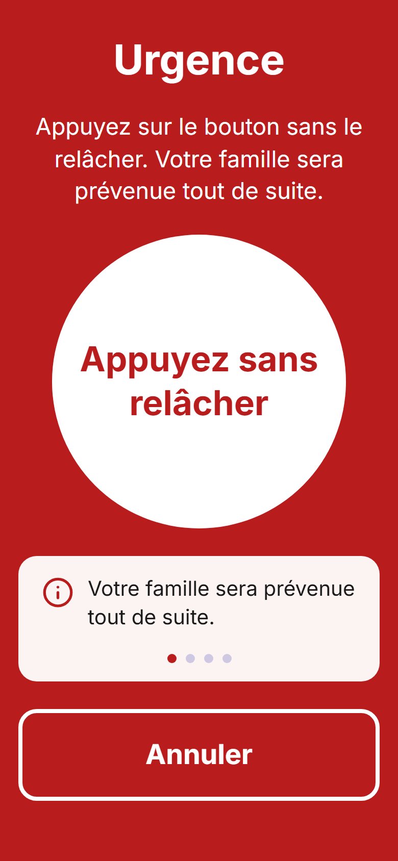 L'écran Urgence de l'application, avec un grand bouton à maintenir enfoncé