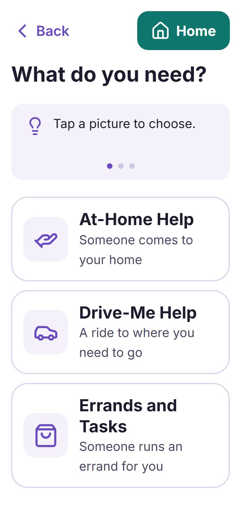 The app's Get help screen, with three big choices: At-Home Help, Drive-Me Help, Errands and Tasks