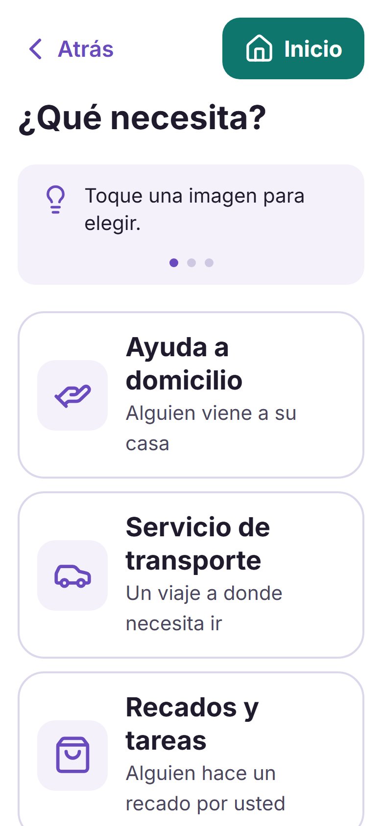 La pantalla Pedir ayuda de la aplicación, con tres opciones grandes: Ayuda a domicilio, Servicio de transporte, Recados y tareas