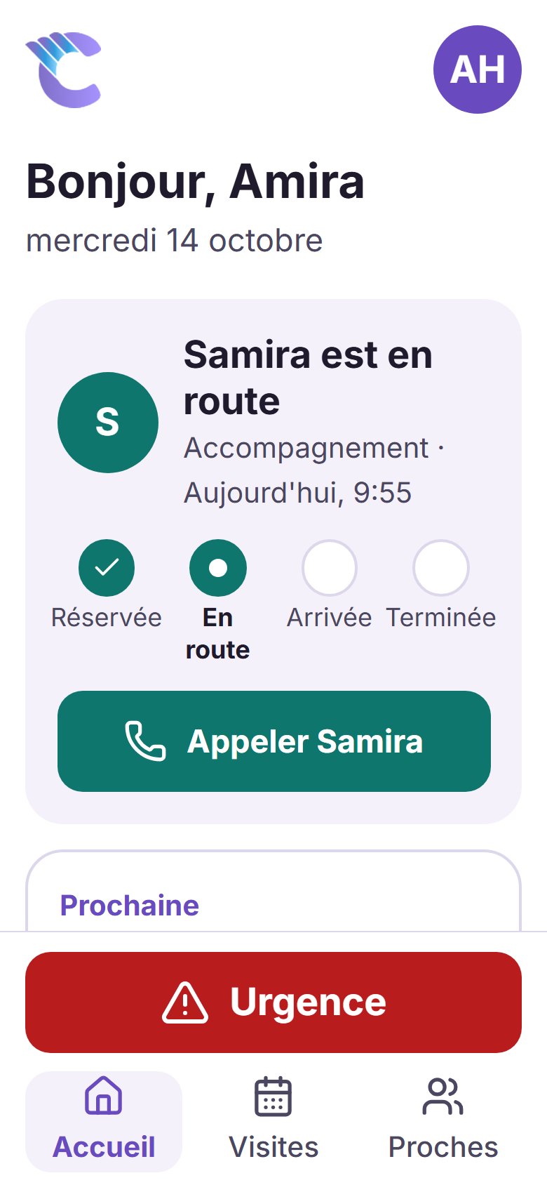 L'écran d'accueil de l'application, avec une salutation, qui vient aujourd'hui, un bouton Demander de l'aide et le bouton Urgence