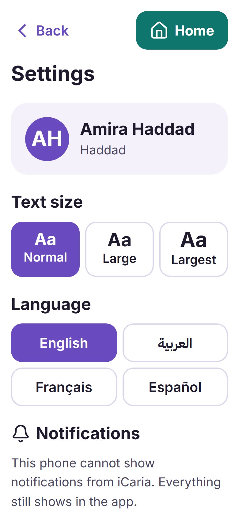 The app's Settings screen, where the text size and the language are chosen