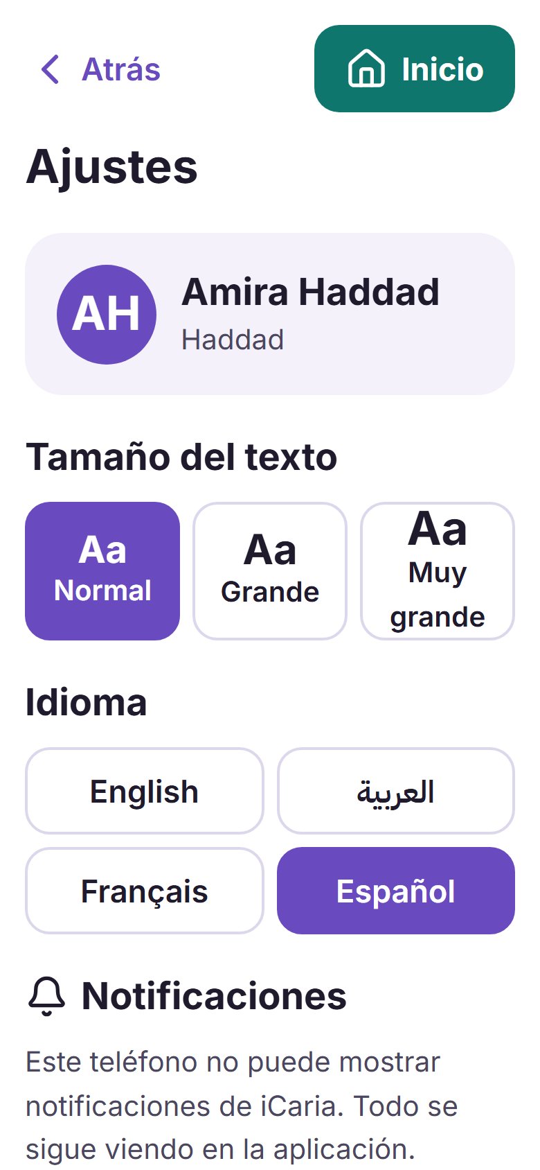 La pantalla de Ajustes de la aplicación, donde se eligen el tamaño de la letra y el idioma
