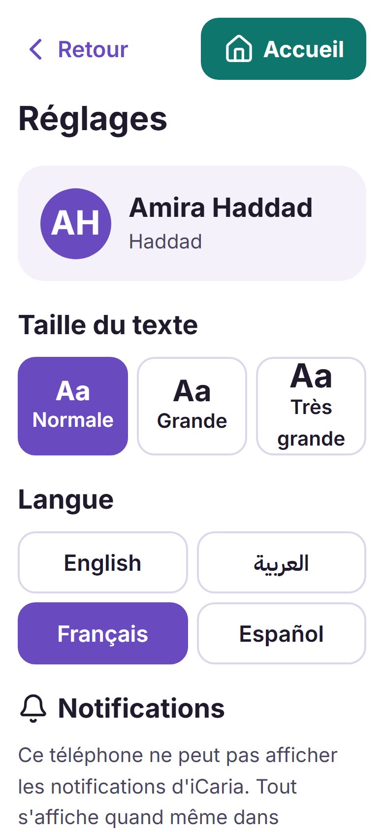 L'écran Réglages de l'application, où l'on choisit la taille du texte et la langue
