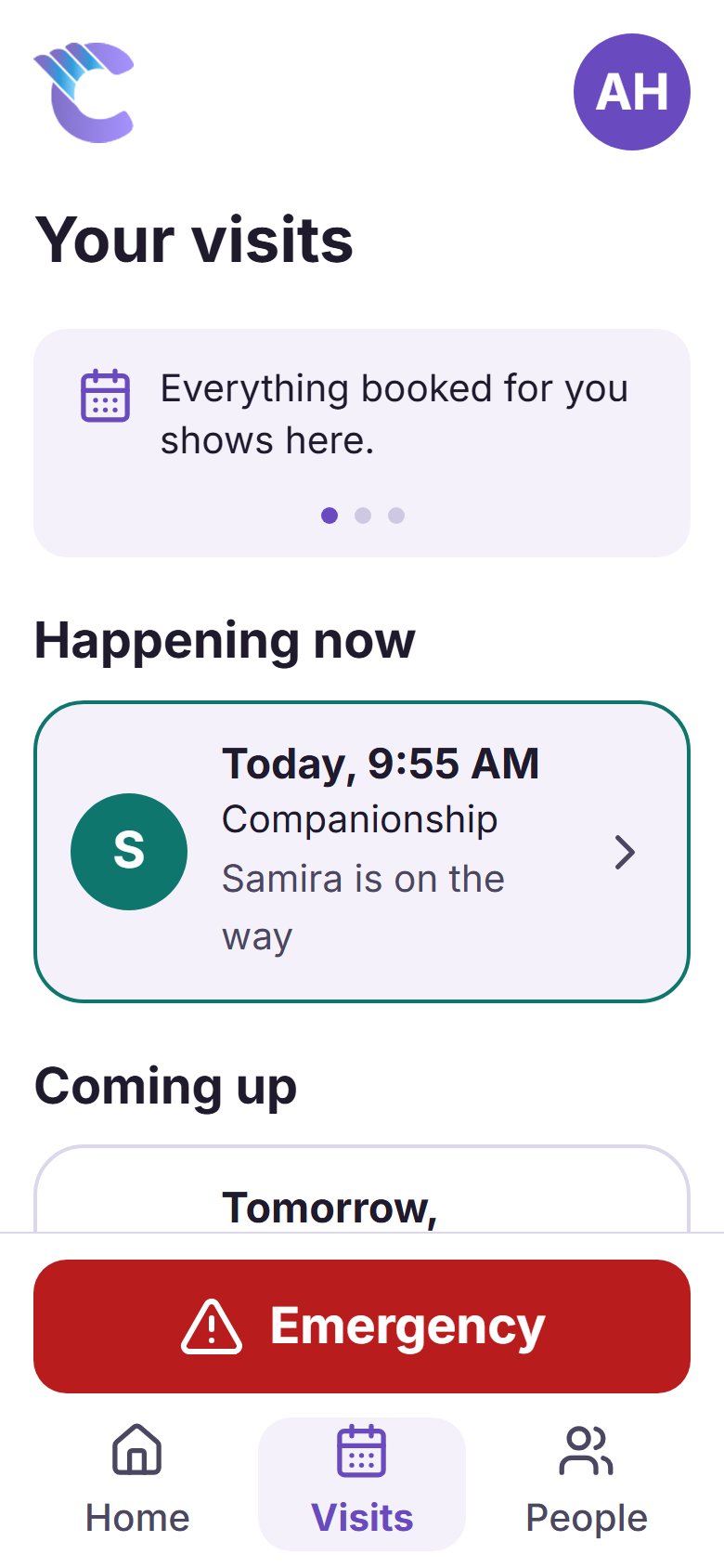 The app's Visits screen, showing a helper on the way and the visits coming up