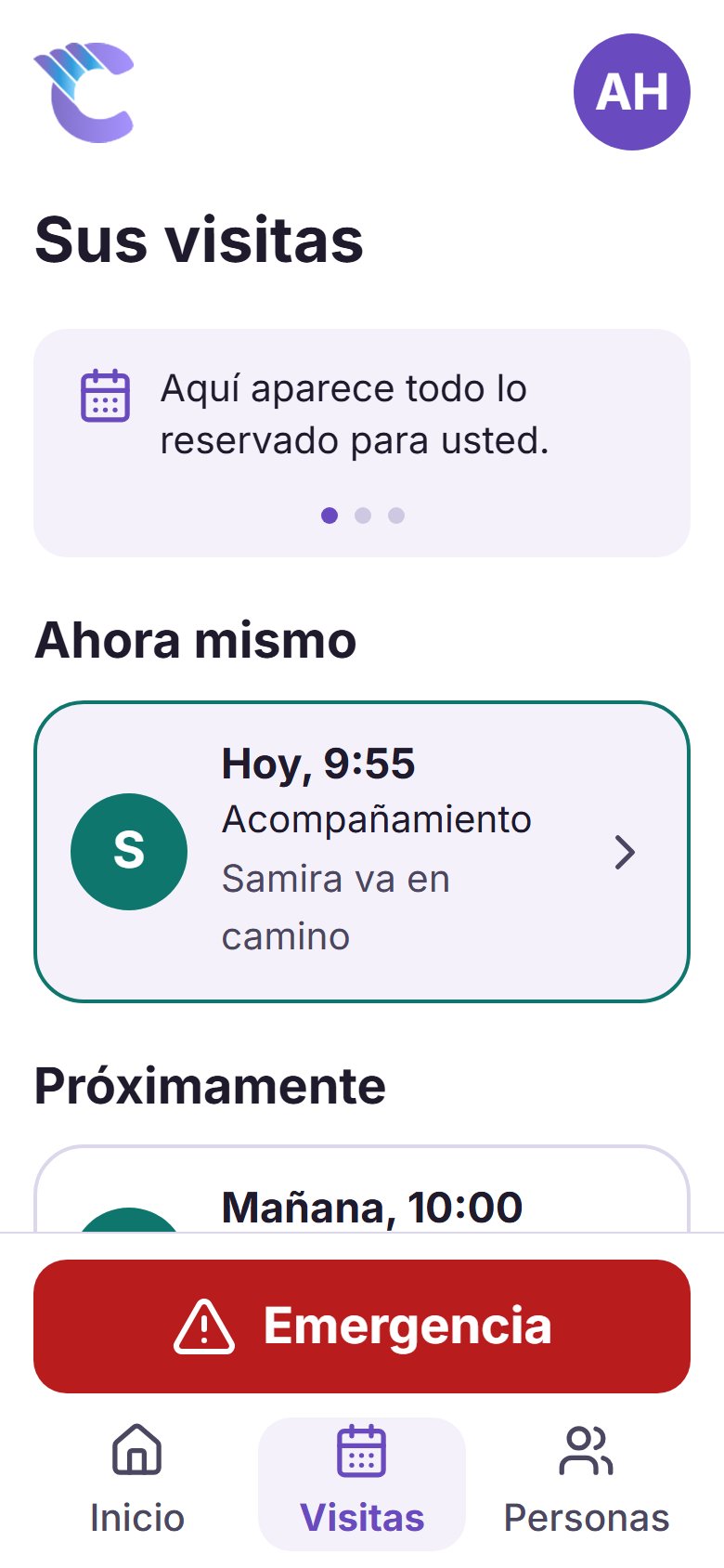 La pantalla Visitas de la aplicación, con una persona en camino y las visitas próximas