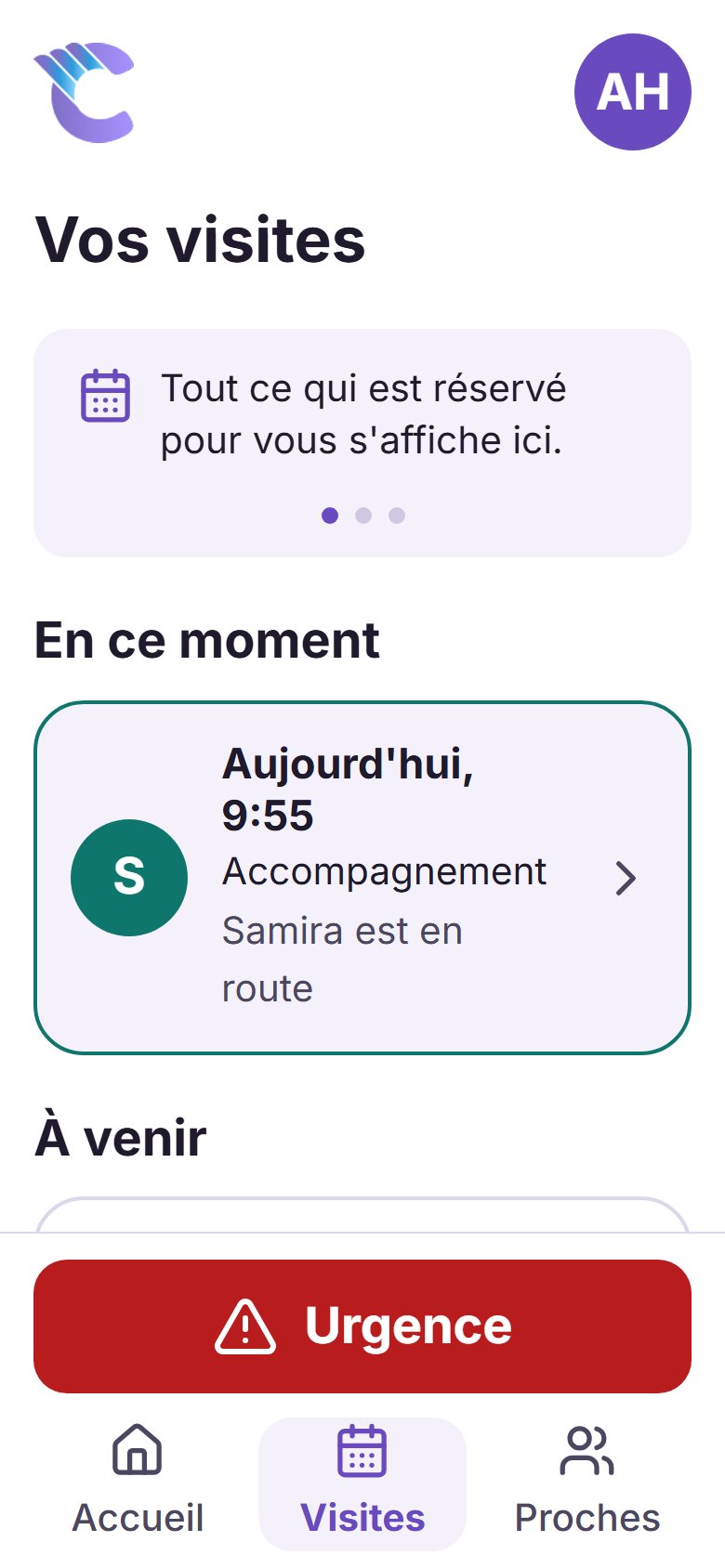 L'écran Visites de l'application, avec une aide en route et les visites à venir