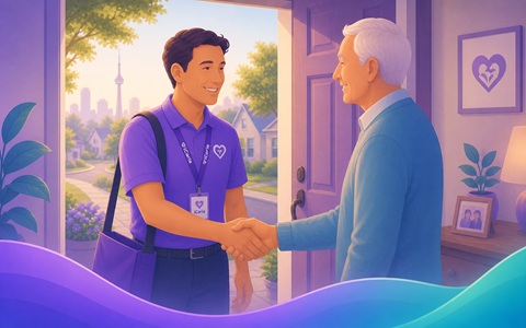 A care provider greeting an elder at the front door