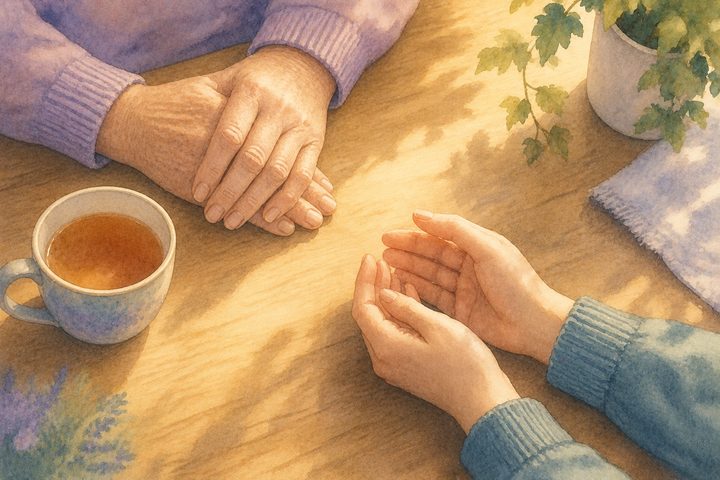 زوجان من الأيدي على طاولة مطبخ خشبية في ضوء خافت، إحداهما أكبر سناً والأخرى أصغر، لحظة الإصغاء، رسم مائي