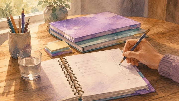منظر قريب ليد فوق خطة رعاية مفتوحة عليها ملاحظات بالقلم الرصاص في الهوامش، على طاولة مطبخ مشمسة