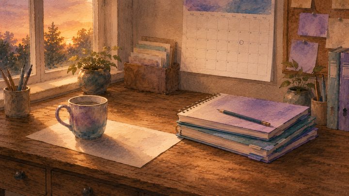 منظر ختامي للمكتب الخشبي نفسه في المساء والدفاتر مكدّسة مغلقة وورقة واحدة مثبّتة بثقل أمامها