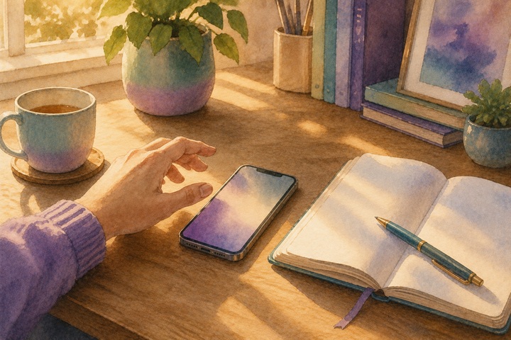 هاتف على مكتب خشبي في ضوء آخر النهار ويد تمتدّ إليه، ودفتر مفتوح وقلم فوقه بجانب الهاتف