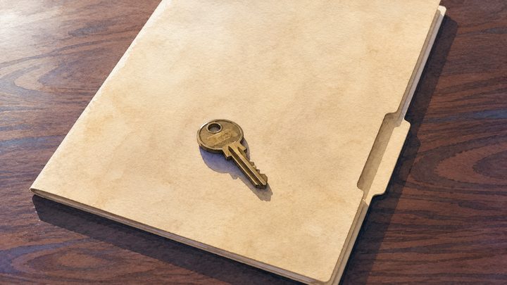 لقطة قريبة في منتصف النهار لمفتاح نحاسي صغير واحد مستقرّ على ملفّ ورقي مغلق فوق سطح خشبي مصقول
