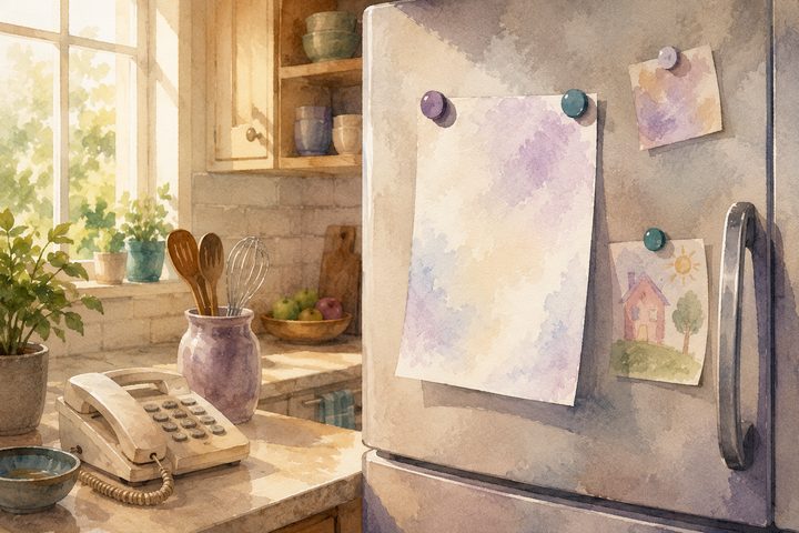 An emergency information sheet held to a refrigerator door by magnets in warm morning kitchen light, a phone resting nearby