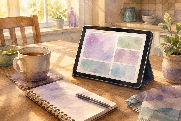 A tablet and a handwritten notebook on a kitchen table in afternoon light, an unhurried afternoon of putting a plan together