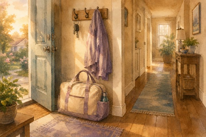 A packed go-bag resting by a softly lit entryway door with keys and a coat on a hook above it, calm and ready