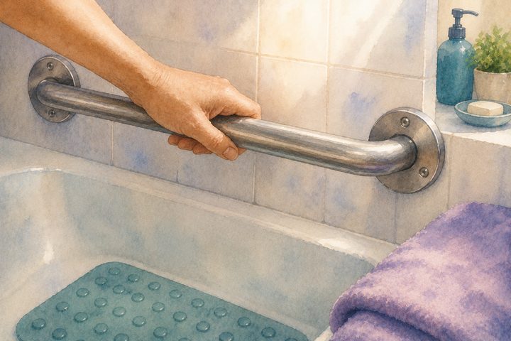 يد تستند بثبات على مقبض تثبيت مثبّت في الجدار بجانب حوض الاستحمام، وتحته حصيرة مانعة للانزلاق في قاع الحوض