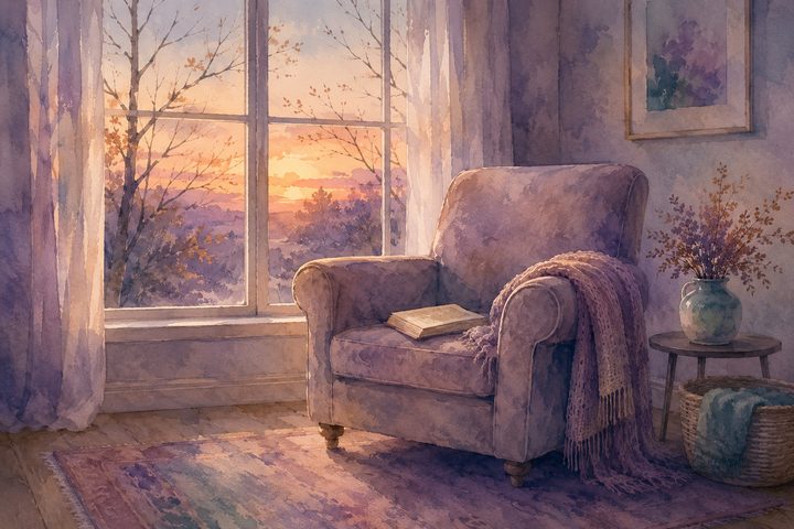 Un sillón vacío junto a una ventana al anochecer, con una manta doblada y un libro a medio leer, la luz de otoño apagándose afuera, acuarela