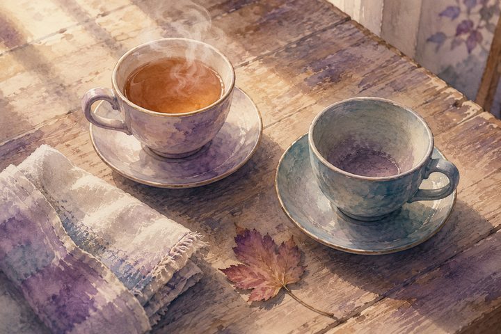 Dos tazas de té sobre una mesa de madera, una llena y humeante y otra intacta y fría, una hoja prensada cerca bajo la luz suave de la mañana, acuarela
