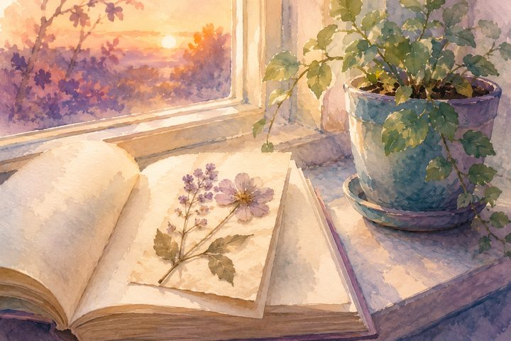 Una flor prensada guardada entre las páginas de un libro abierto sobre el alféizar de una ventana, una pequeña planta verde a su lado bajo la luz suave de la tarde, acuarela