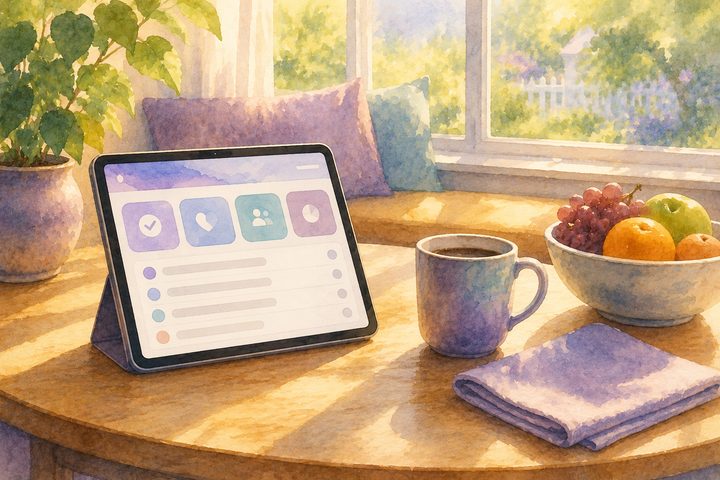 Un coin déjeuner ensoleillé avec une tablette posée sur un support montrant un tableau de bord paisible de cartes récapitulatives, un café du matin à côté, aquarelle