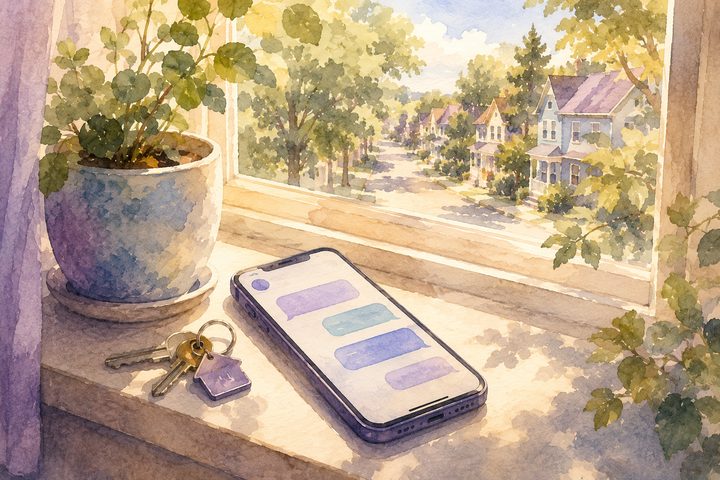 Un téléphone sur un rebord de fenêtre ensoleillé montrant un doux fil de messages, avec une plante et des clés de maison à côté, aquarelle