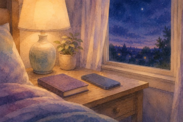 Une table de chevet paisible avec un téléphone retourné face vers le bas, une lampe à la lumière douce et un livre fermé, un ciel nocturne paisible au-delà de la fenêtre, aquarelle