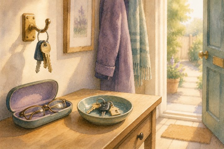 An entryway hall with house keys on a brass hook, a second set forgotten in a dish on the hall table, and an open spectacles case beside it in soft daylight, watercolour