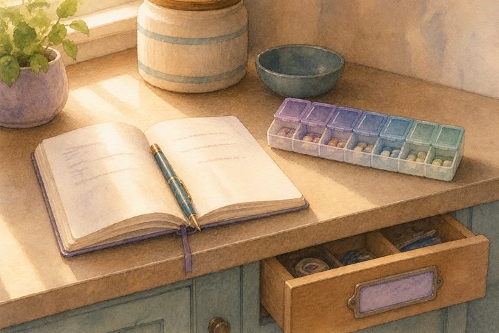 A kitchen counter with an open notebook and pen, a labelled drawer, and a weekly pill organiser in soft window light, watercolour