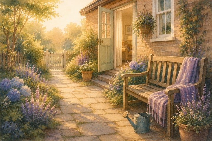 A garden path in warm afternoon light leading to the open back door of a home, a bench and blooming flowers beside it, watercolour