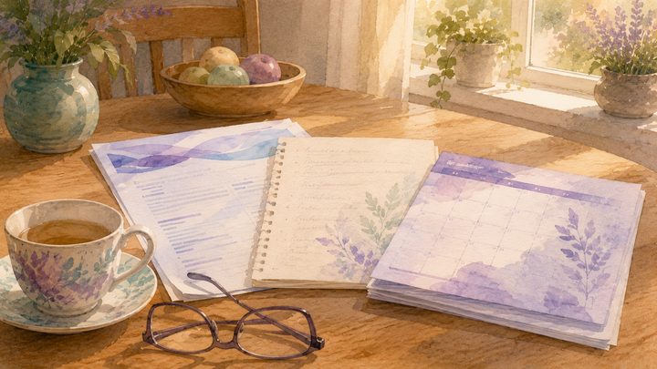 طاولة مطبخ في البيت عليها رسالة سريرية وملاحظة مرشد بخطّ اليد وتقويم مجتمعي جنباً إلى جنب، وفنجان شاي ونظارة قراءة عند الحافّة الأمامية