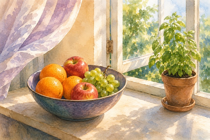 سلّة فاكهة فيها برتقال وتفّاح وعنب على حافّة شبّاك مشمسة بجوار نبتة أعشاب صغيرة، وستارة رقيقة تتحرّك مع النسيم