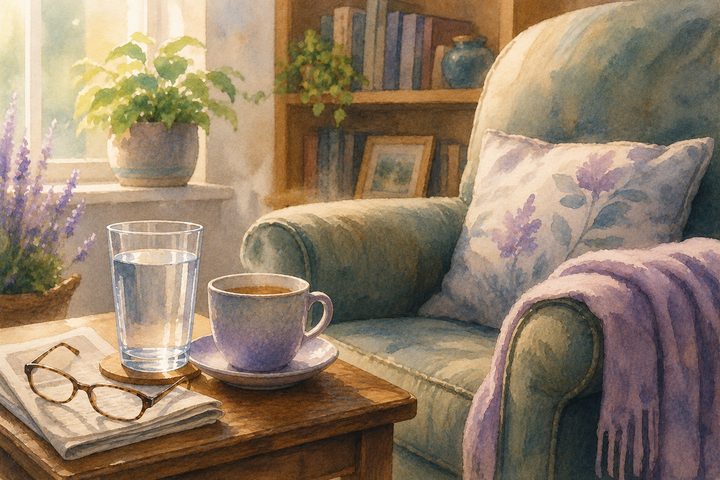 A cosy living-room armchair with a side table holding a tall glass of water and a cup of tea within easy reach, beside a newspaper and reading glasses, watercolour