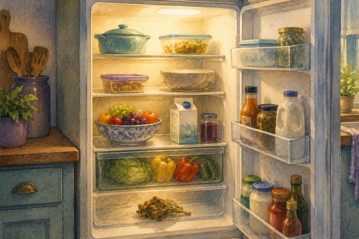 An open home refrigerator with covered dishes, a carton, a fruit bowl, and one wilted item set apart, in warm kitchen light, watercolour