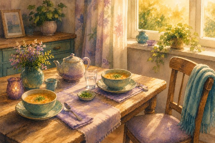 A simple shared meal for two on a home table with warm bowls, a teapot, and an empty chair pulled out in late-afternoon light, watercolour