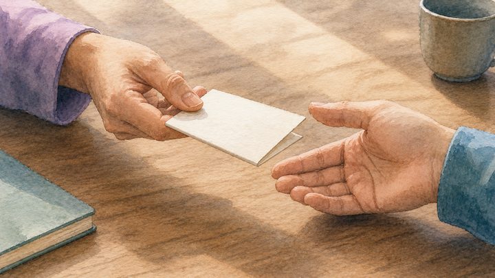 لقطة قريبة في منتصف النهار ليدين تلتقيان عبر طاولة خشبية لتمرير بطاقة صغيرة مطويّة