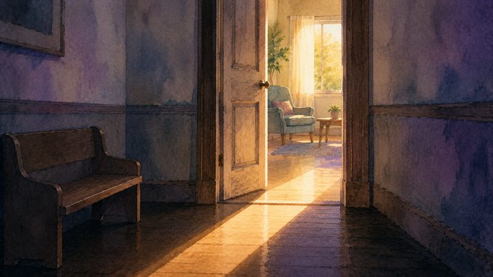 لقطة واسعة لممرّ في آخر النهار وباب موارب، وضوء دافئ ينسكب على الأرضية الداكنة في خطّ مائل