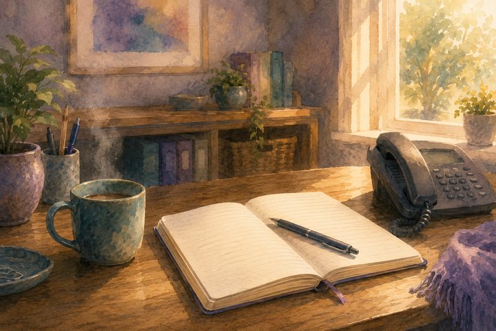 دفتر مفتوح وقلم فوقه على مكتب بجوار سمّاعة هاتف وكوب يتصاعد منه البخار، مساحة عمل شخص على وشك تدوين قلق