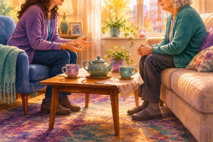 عامل ينحني إلى الأمام فوق طاولة شاي وكفّاه مفتوحتان، يشرح برفق لسيدة مسنّة في ضوء العصر الذهبي